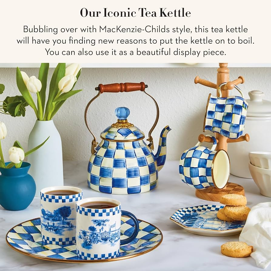 MACKENZIE-CHILDS Enamel Tea Kettle, Stylish Tea Kettle for Stovetop, Blue-and-White Royal Check, ... | Amazon (US)