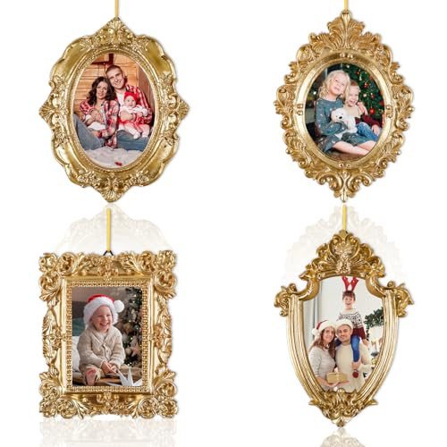 4 Pcs Mini Picture Frames Small Vintage Gold Photo Frames Antique Oval and Rectangle Photo Frame Set for Christmas Wall Tree Home Wedding Gallery Arts Display Decor Antique Style Hanging Ornaments | Amazon (US)