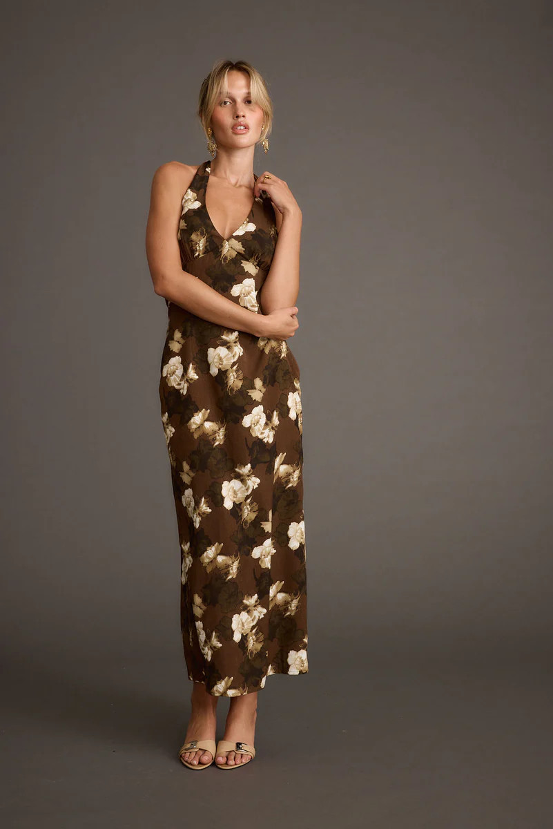 Audrina Brown Floral Halter Maxi Dress | 12th Tribe