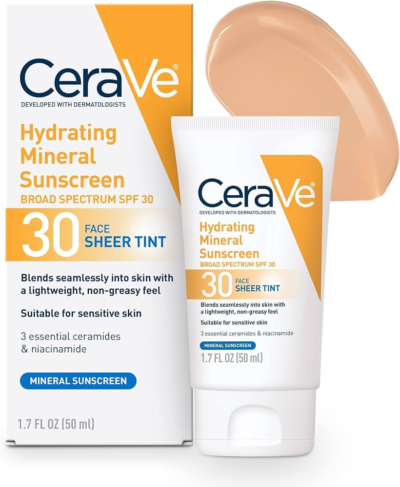 CeraVe Hydrating Mineral Sunscreen with Sheer Tint | Tinted Mineral Sunscreen with Zinc Oxide & T... | Amazon (US)