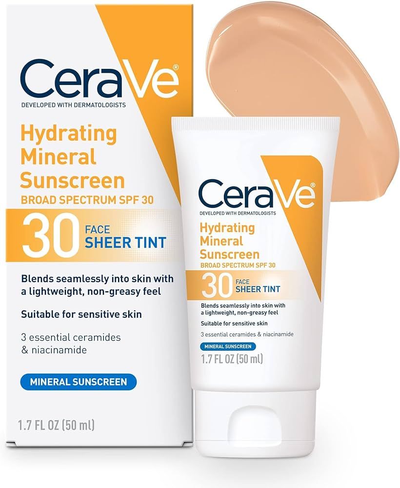 CeraVe Hydrating Mineral Sunscreen with Sheer Tint | Tinted Mineral Sunscreen with Zinc Oxide & T... | Amazon (US)