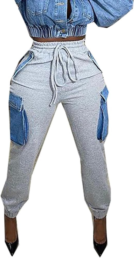 Vakkest Women's Cargo Sweatpants Drawstring High Waisted Joggers Pants with Denim Patchwork Pocke... | Amazon (US)
