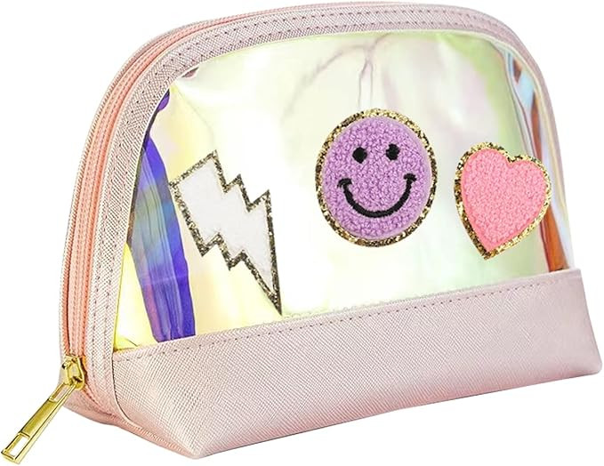 Custom Preppy Patch Small Toiletry Cosmetic Bag Makeup Pouch Smile Lightning Heart PU Leather Wat... | Amazon (US)