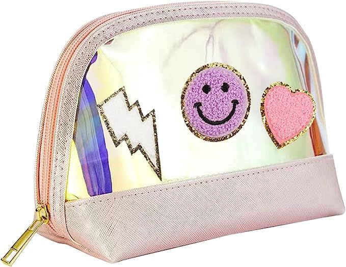 Custom Preppy Patch Small Toiletry Cosmetic Bag Makeup Pouch Smile Lightning Heart PU Leather Wat... | Amazon (US)