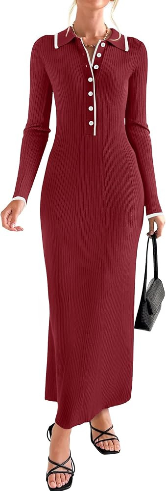 ZESICA Women's Long Sleeve Sweater Dress 2024 Fall V Neck Ribbed Knit Casual Formal Cocktail Body... | Amazon (US)