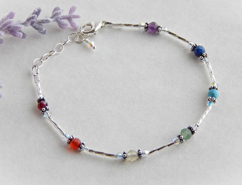 Womens 7 Chakras Bracelet with Sterling Silver, Rainbow Gemstone Bracelet, Crystal Bracelet Adjus... | Etsy (US)