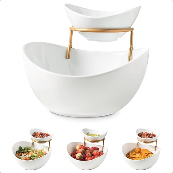 YHOSSEUN Chip and Dip Serving Set 2 Tiered Oval Dip Bowls with Metal Rack for Appetizer, Dessert,... | Amazon (US)