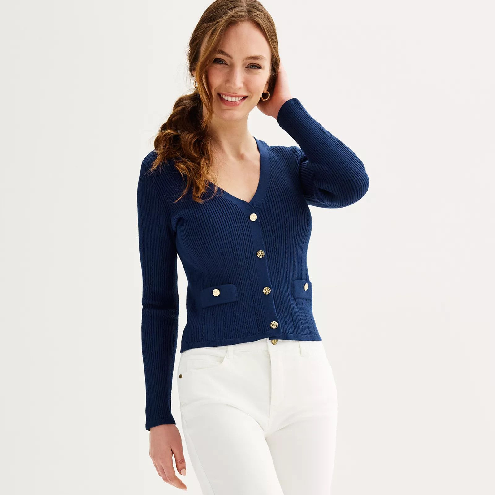 Women's Draper James Ribbed Long Sleeve V-Neck Button Down Cardigan, Size: XXL, Blue | Kohl's