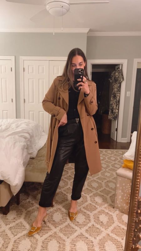 Black leather pants, velvet kitten heel mules, black cardigan (I have 3 - they’re the best), classic trench coat

date night outfit!

#LTKstyletip #LTKVideo