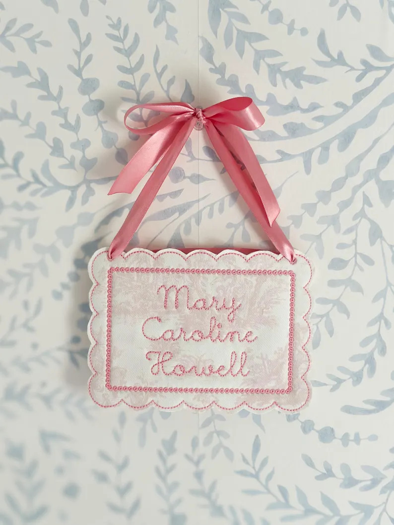 Personalized Pink Toile Baby Name Sign – Embroidered Newborn Announcement Door Hanger, Custom A... | Etsy (US)