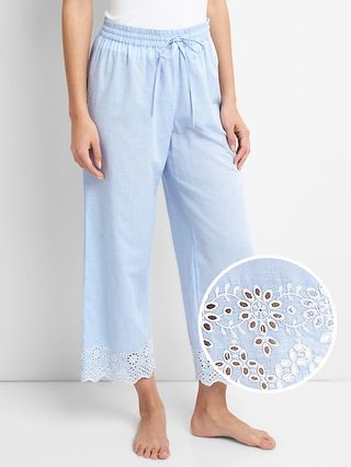 Gap Womens Eyelet Embroidery Pajama Pants In Poplin Blue Chambray Size L | Gap US