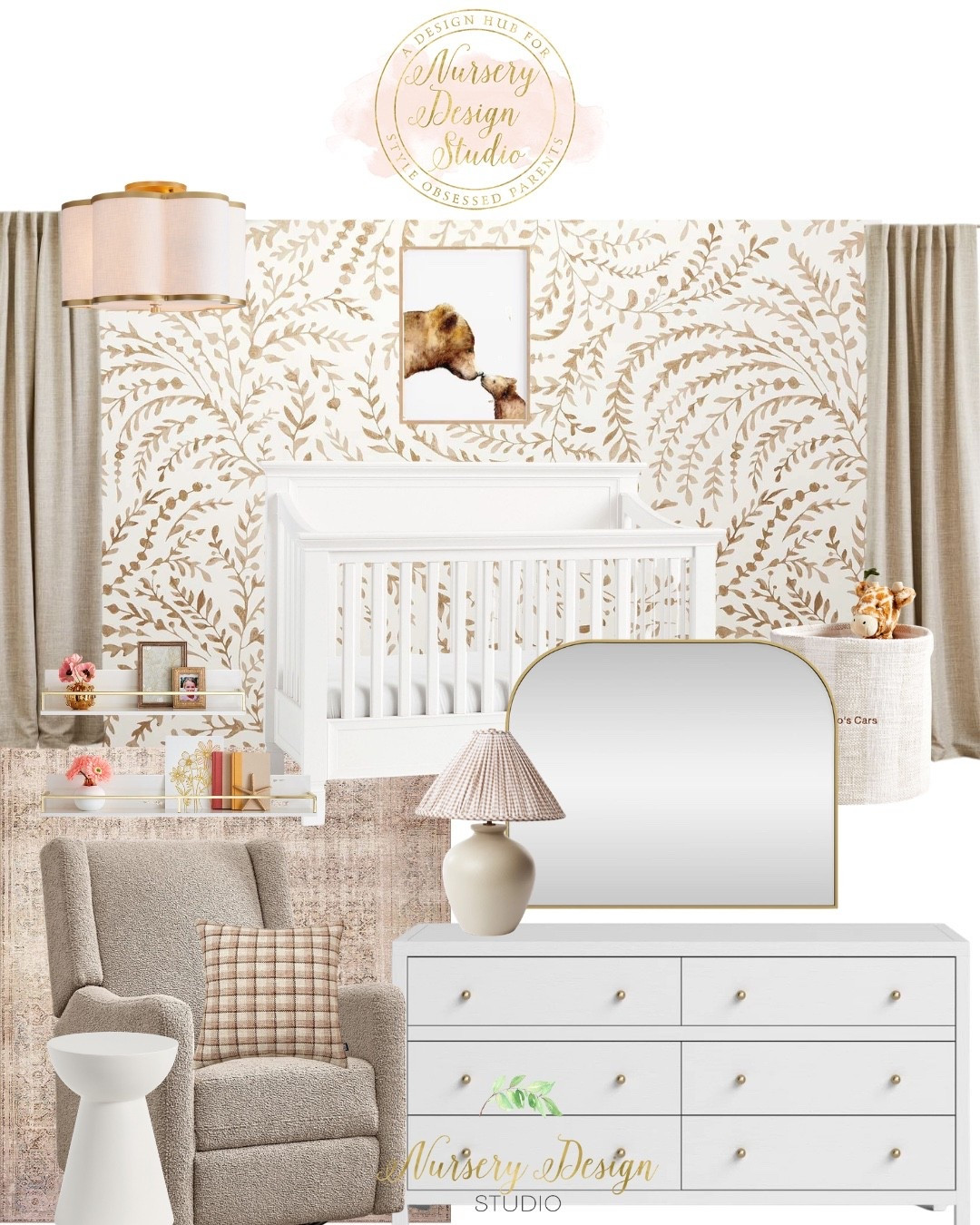 The wallpaper sets the tone, but it's the timeless furniture that makes this nursery work. A classic white crib, tailored dresser, and sculptural mirror create a foundation you'll love for years.

#LTKHome #LTKBaby #LTKBump
