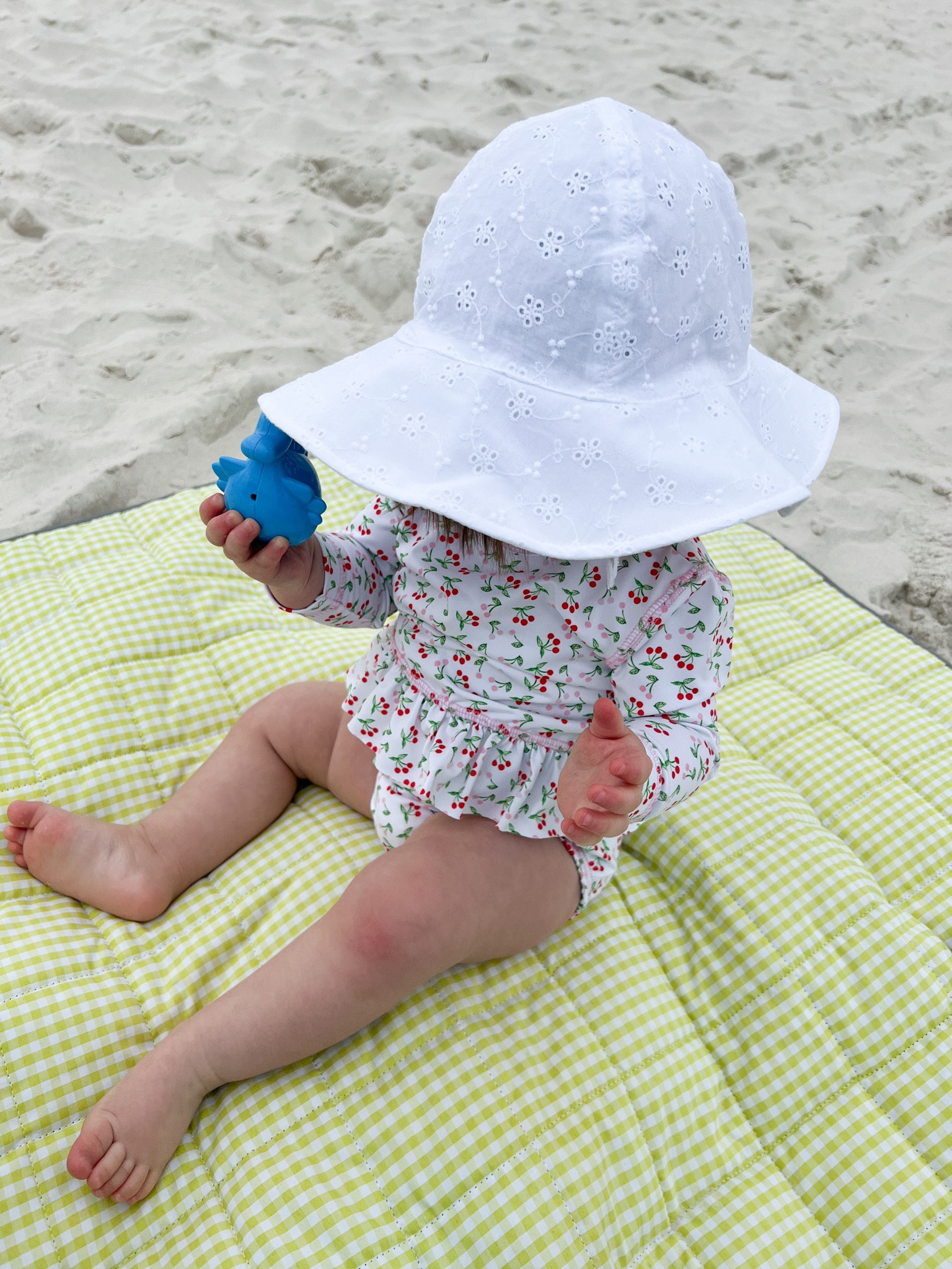 Beach baby! White eyelet Sun hat ruffle cherry rash guard swim
Suit bathing suit two piece picnic blanket yellow gingham beach blanket 

#LTKfamily #LTKkids #LTKbaby