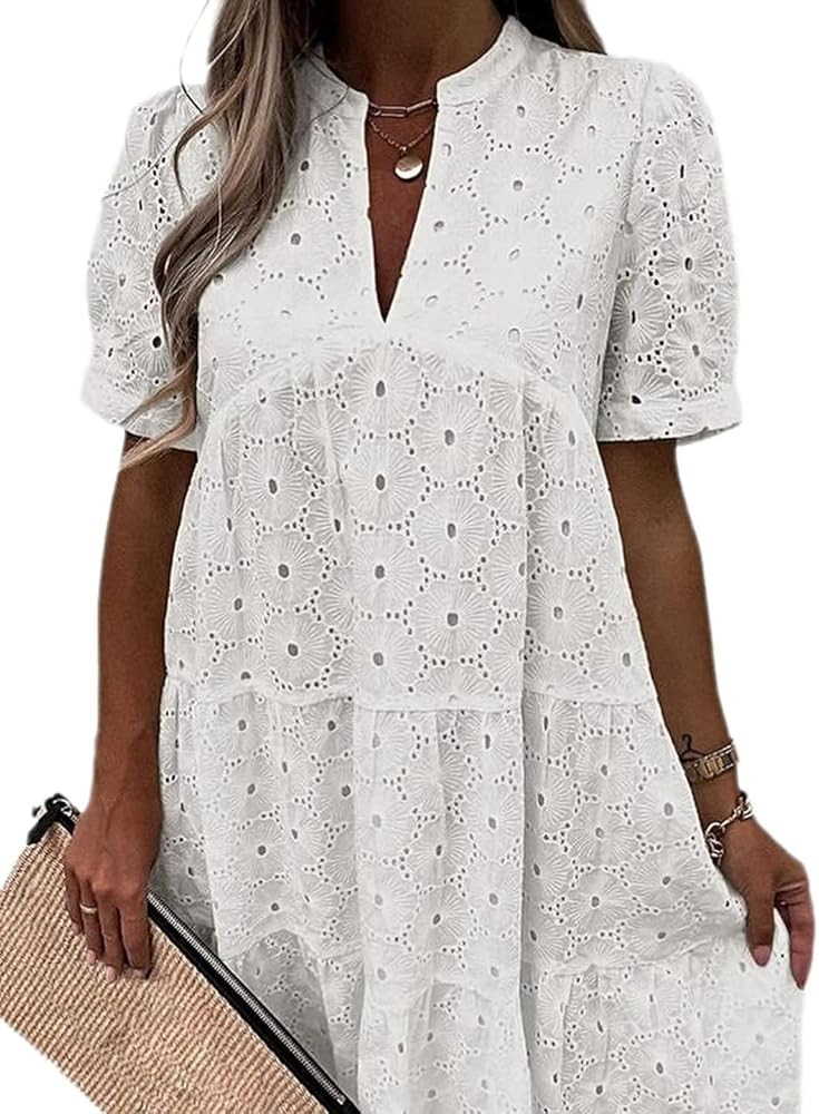 Flamingals Women's Casual V Neck Floral Eyelet Embroidery Ruffle Hem Midi A Line Dress | Amazon (US)