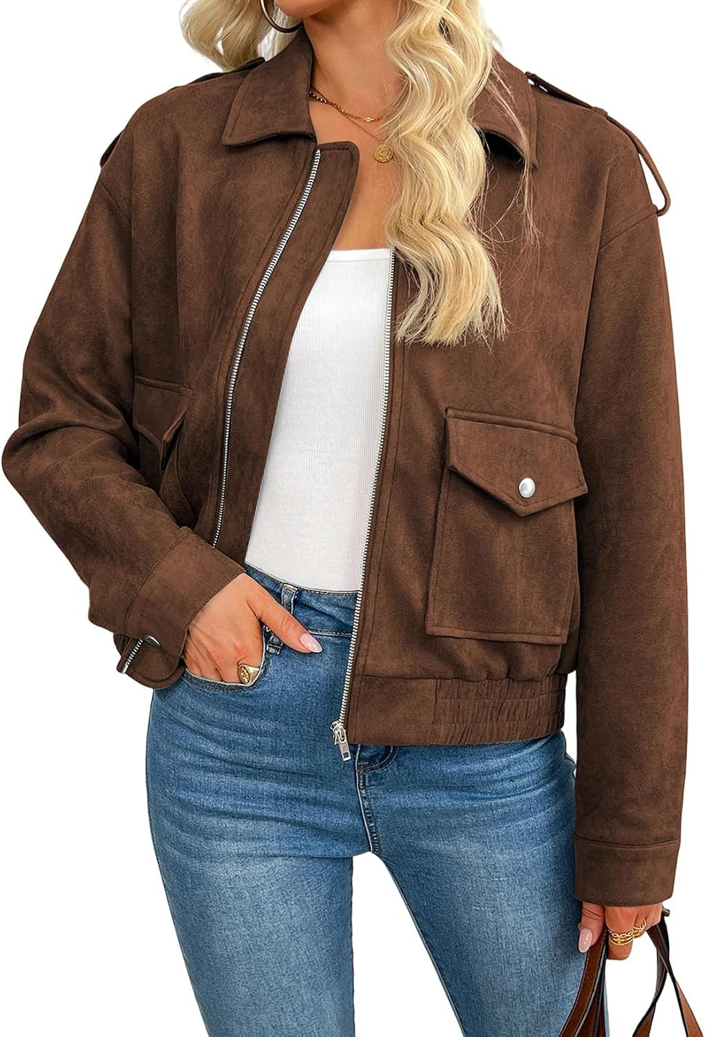 SHEWIN Women Zip Up Jacket Faux Suede Outerwear Fall Clothes | Amazon (US)