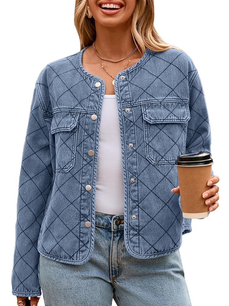 Glamaker Jean Jacket Women Denim Long Sleeve Button Down Diamond Quilted Lightweight Jackets Fall... | Amazon (US)