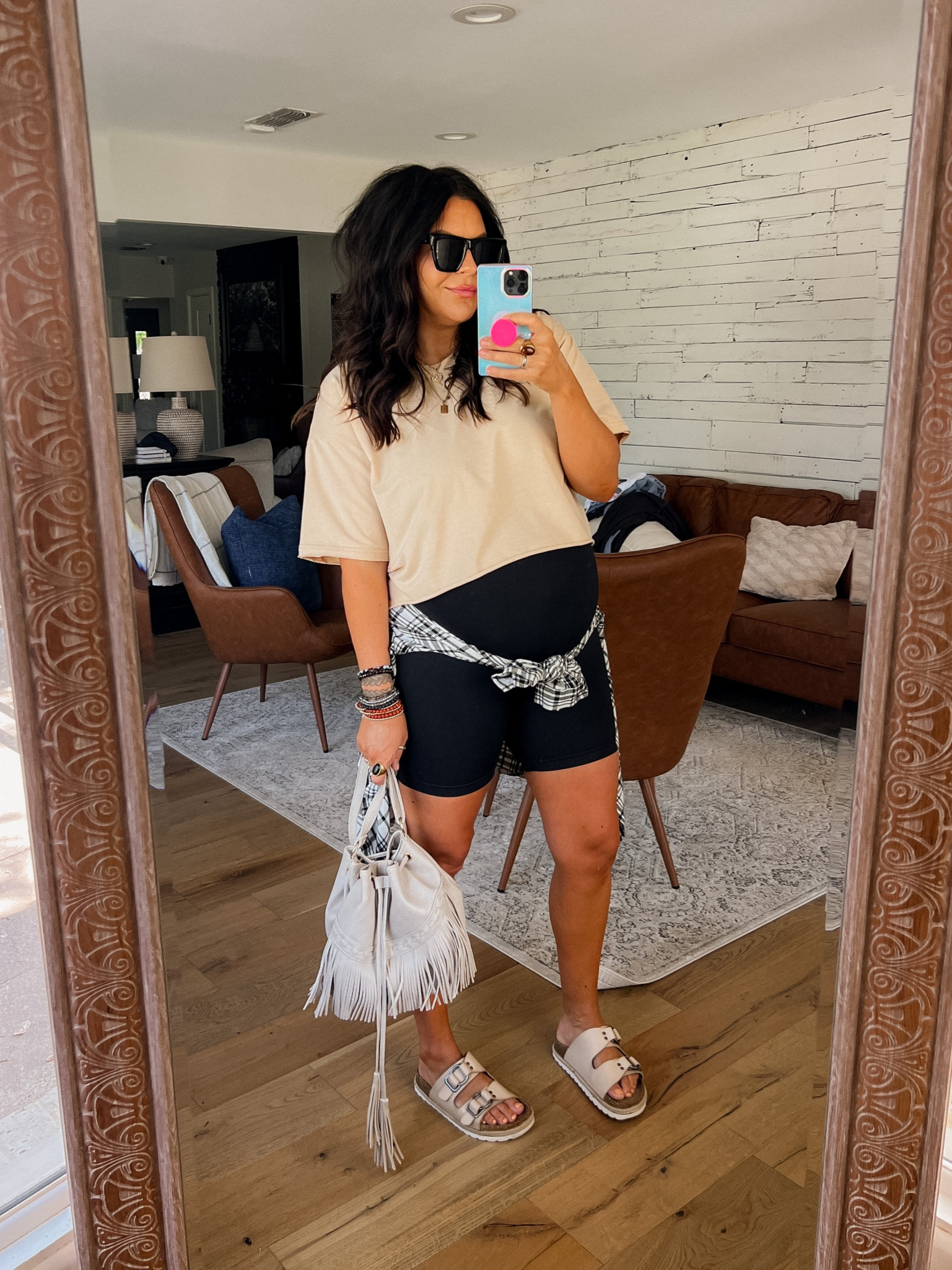 Summer bump casual outfit. Amazon maternity outfit. Boho fringe bag
Best freaking box crop tee: XL
MATERNITY Bike shorts: XL
SANDALS: size down


#LTKshoecrush #LTKsalealert #LTKbump