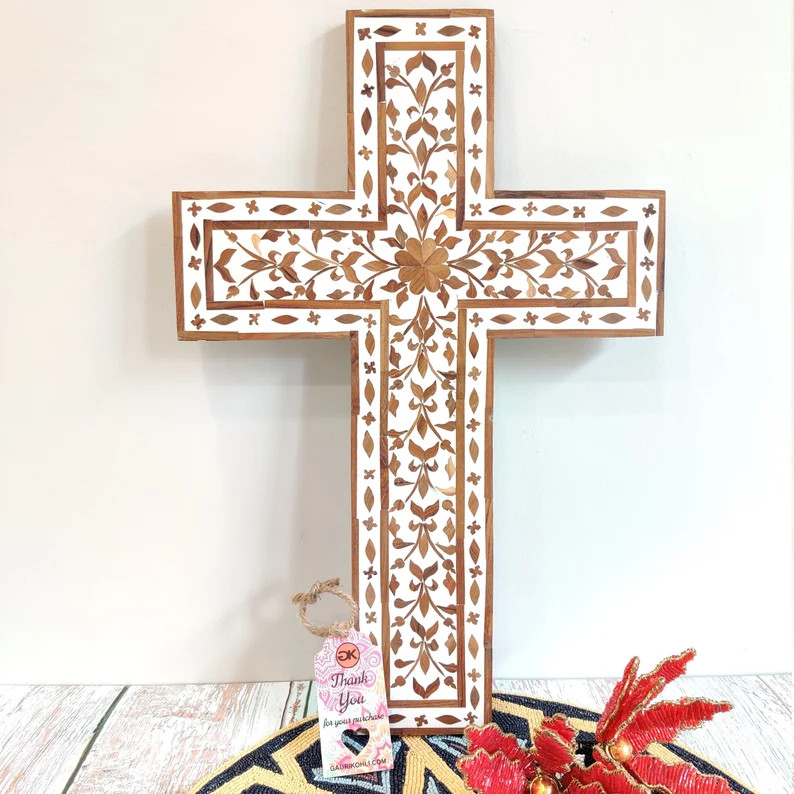 GAURI KOHLI Jodhpur Wood Inlay Decorative Wall Cross in Teak Brown (12"x18") | Etsy (US)