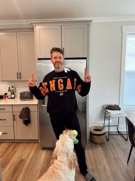 Bengals crewneck (Stephen wearing the large. He’s 6’2”). This sweatshirt is showing up as photo of cologne but it is the correct link!