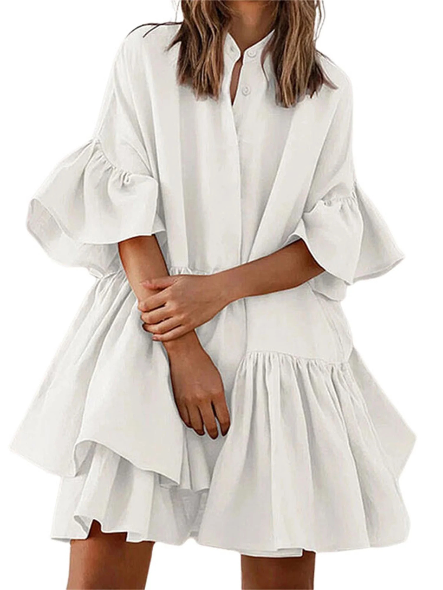 Niuer Summer Ruffle Sleeve Tiered Babydoll Dress for Women Flowy Swing Mini Dress Boho Flowy Plea... | Walmart (US)