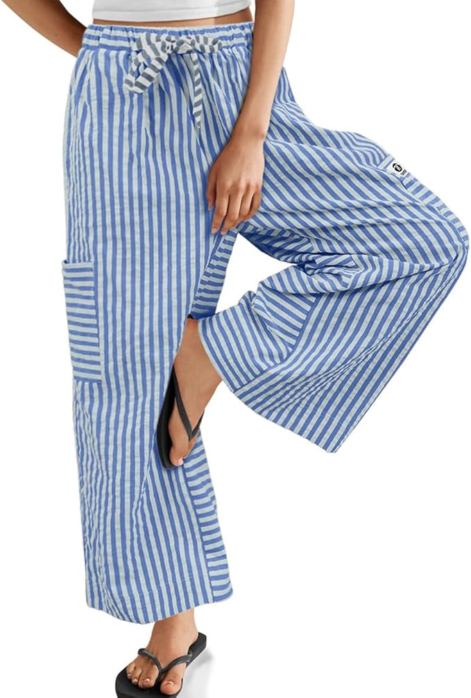 TARSE Women's Wide Leg Pants Drawstring Striped Palazzo Trousers Casual Loose Boho Lounge Pants w... | Amazon (US)