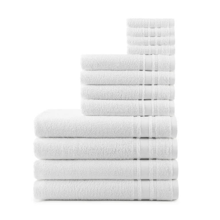 Mainstays 100% Cotton 12-Piece White Towel Set, Soft & Absorbent | Walmart (US)