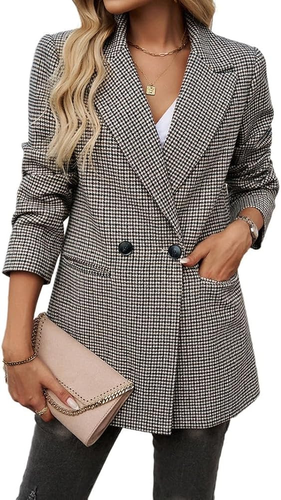 Womens Casual Blazer Open Front Long Sleeve Lapel Houndstooth Jacket Blazers Bussiness Work Offic... | Amazon (US)
