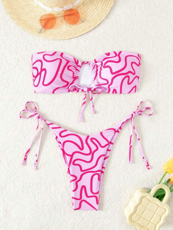 Swim Mod Ladies' Summer Beach Asymmetrical Stripe Print Hollow Out Bandeau Sexy Bikini Set With R... | SHEIN