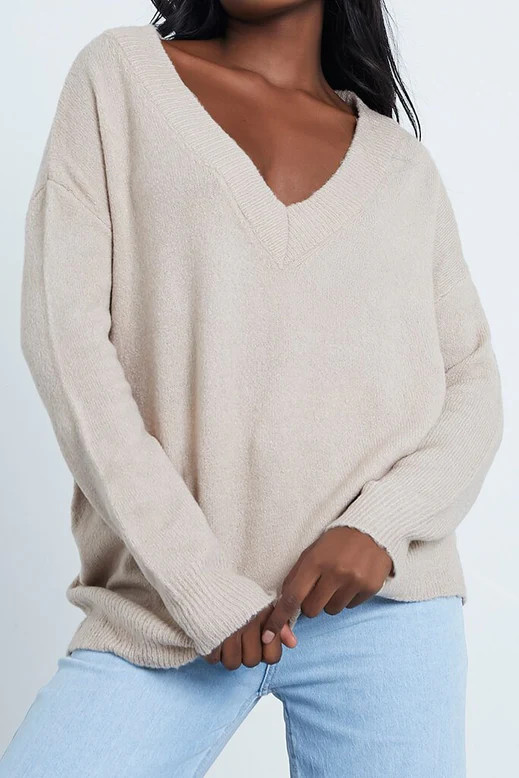 Stone V Neck Oversized Rib Detail Jumper | ISAWITFIRST UK