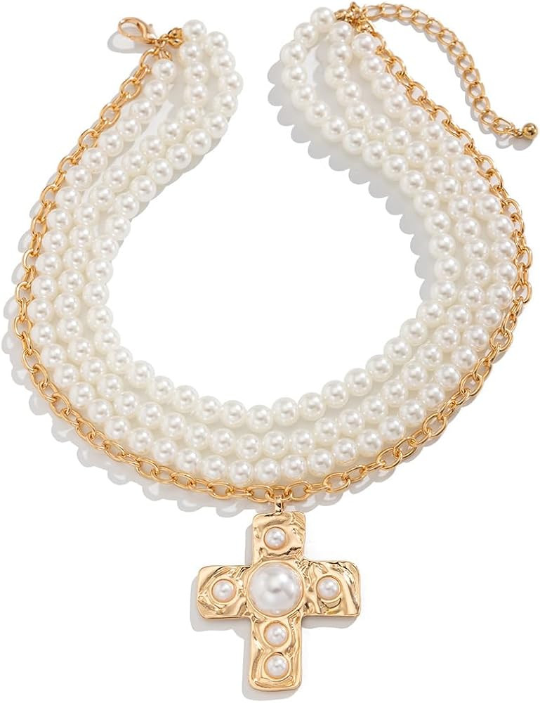 Pearl Cross Necklace for Women Chunky Gold Cross Necklace Layered Cross Pearl Stacked Choker Neck... | Amazon (US)