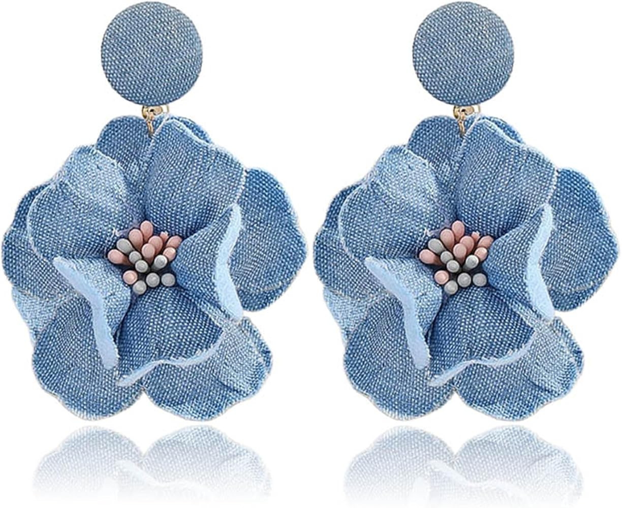 coadipress Boho Denim Camellia Flower Dangle Earrings for Women Exaggerated Big Layered Tiered Bl... | Amazon (US)