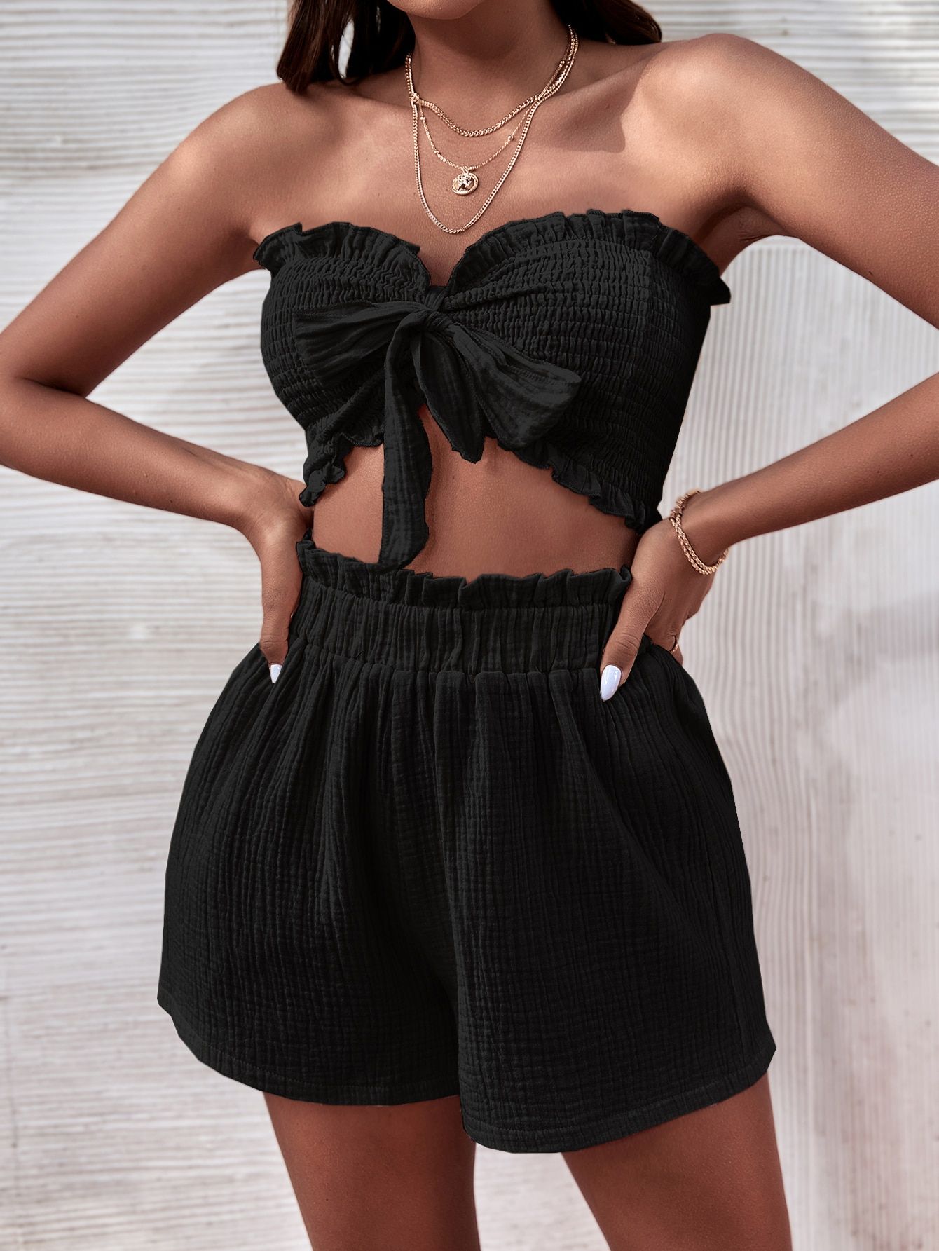 Shirred Frilled Tie Front Tube Top & Paperbag Waist Shorts
   SKU: sw2203157865359256      
     ... | SHEIN