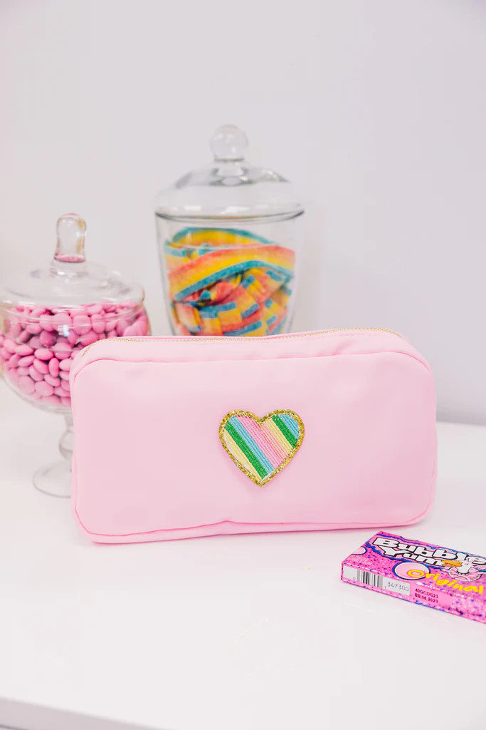Pre-Order: Let's Get Going Baby Pink Varsity Cosmetic Bag, Medium | The Mint Julep Boutique