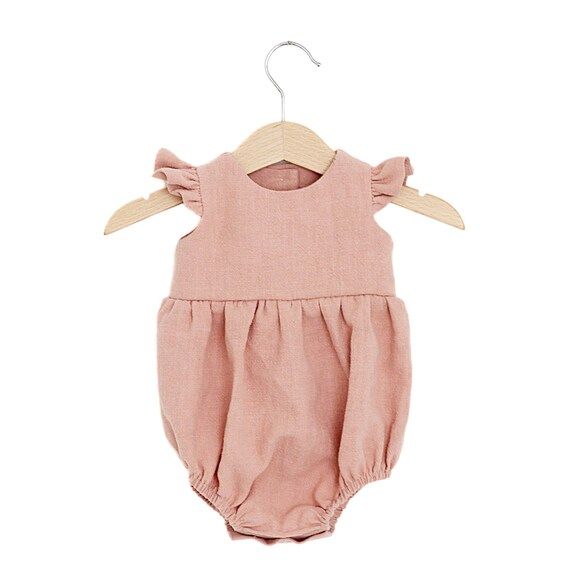 Rose Linen Flutter Sleeve Bubble Playsuit, baby linen romper, girl linen romper | Etsy (US)