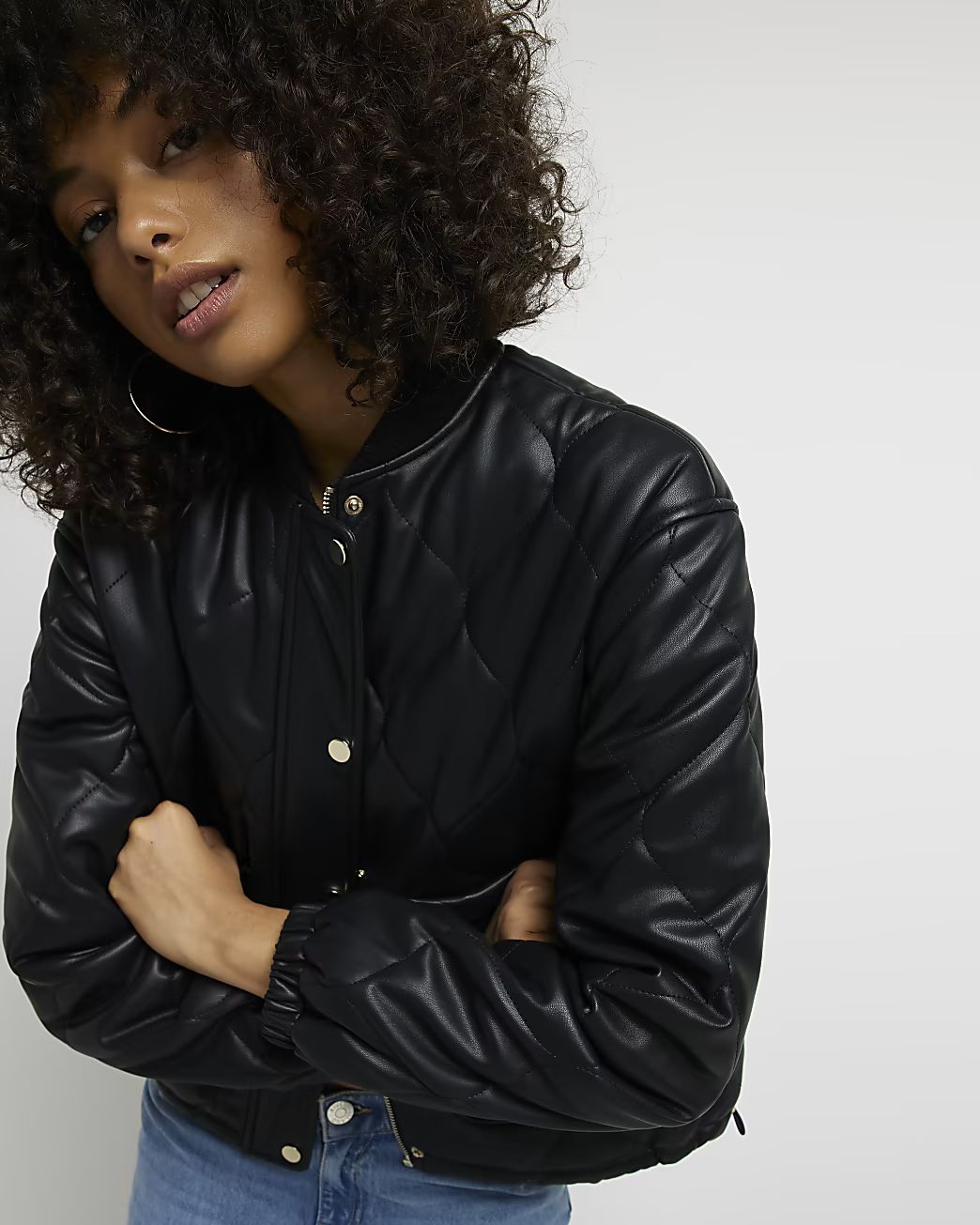 Black faux leather quilted bomber jacket | River Island (UK & IE)