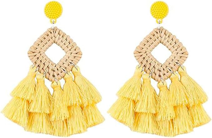WFYOU Rattan Tassel Earrings for Women Bohemian Statement Handmade Woven Drop Dangle Earrings | Amazon (US)