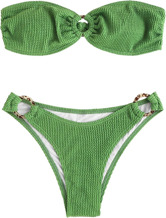 ZAFUL Women O Ring Bandeau Bikini Set, Strapless Swimsuit Tie Bikini High Cut 2 Pieces Bathing Su... | Amazon (US)