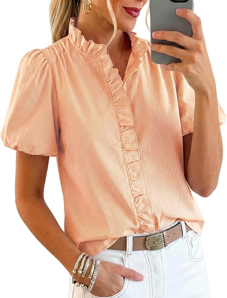 Womens Short Puff Sleeve Button Down Shirts Ruffle Stand Collar Blouse | Amazon (US)