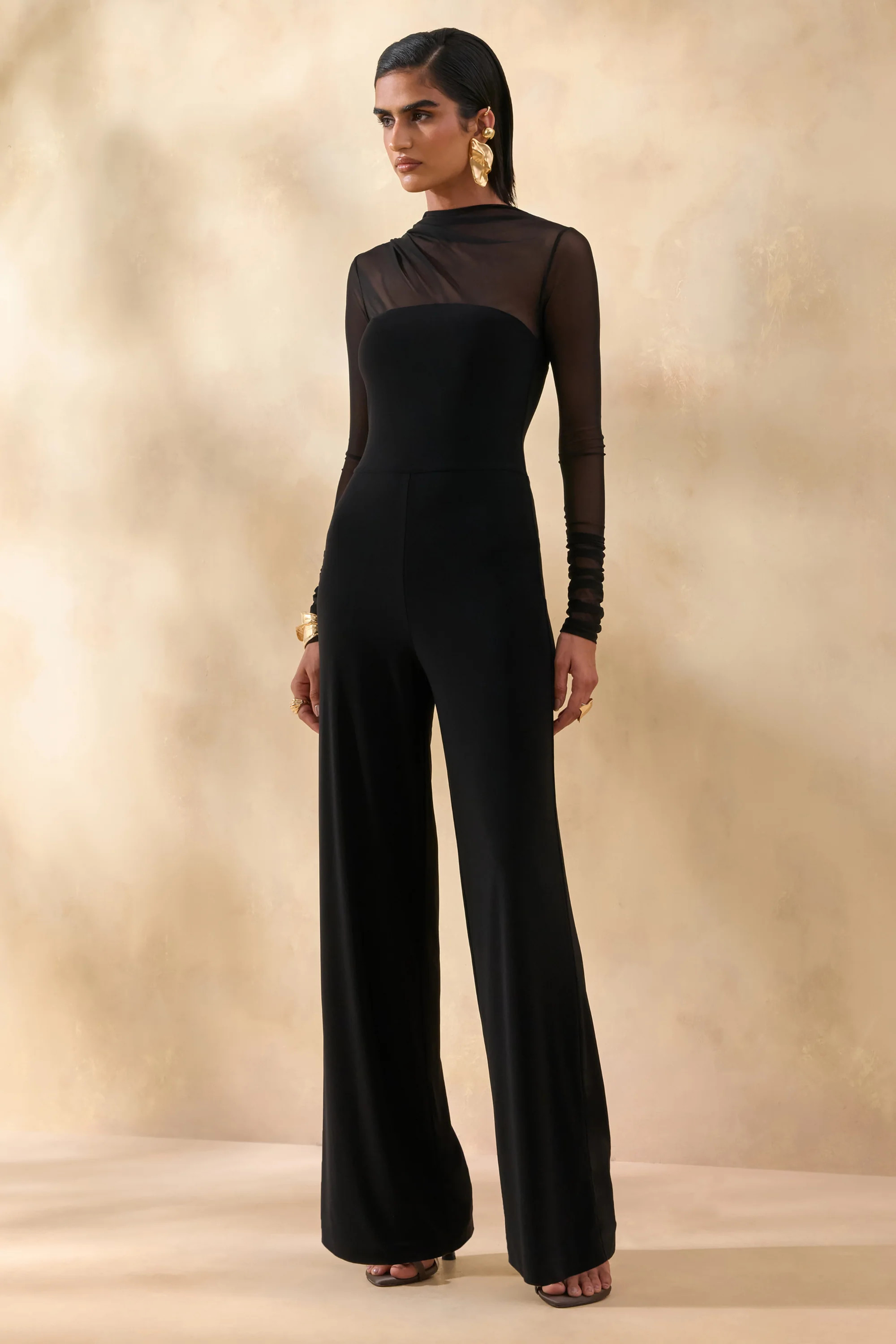 Emeria | Black High-Neck Jumpsuit With Long Mesh-Sleeves | Club L London