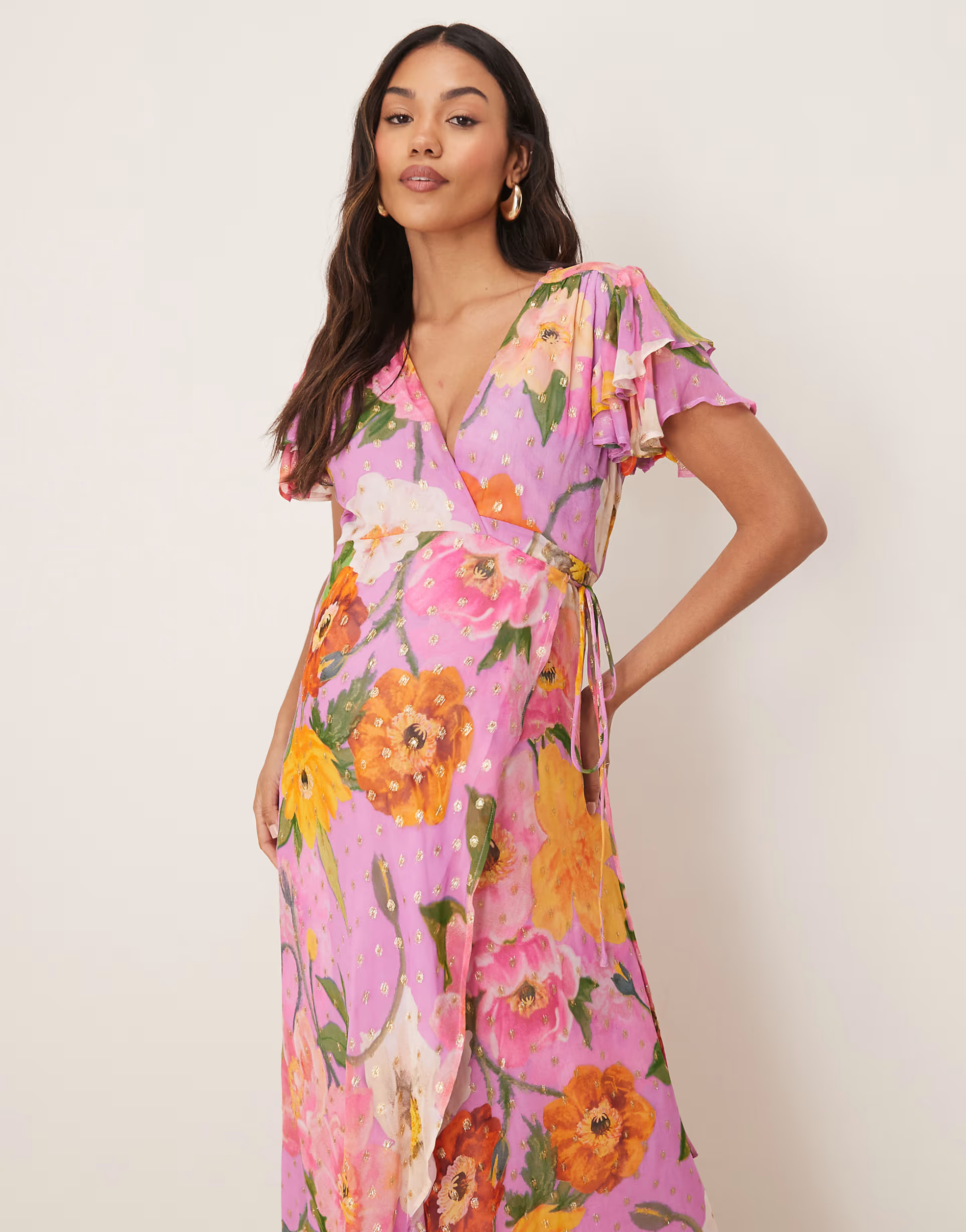 Hope & Ivy Maternity frill sleeve maxi wrap dress with tie waist in pink print | ASOS (Global)