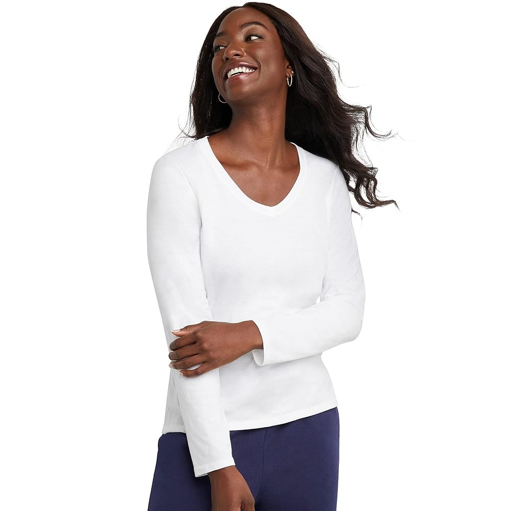 Hanes Womens Originals Long Sleeve Cotton V-Neck T-Shirt, Lightweight V-Neck Tee, Modern Fit | Amazon (US)