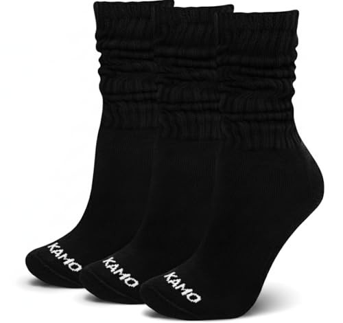Kamo Fitness Cozy Cotton Socks Womens 3-Pair Pack – Padded & Cushioned Scrunch Long Crew, Soft & Breathable Slouch Boot Socks for Women, Size 5–9 (Black 2.0, One Size) | Amazon (US)