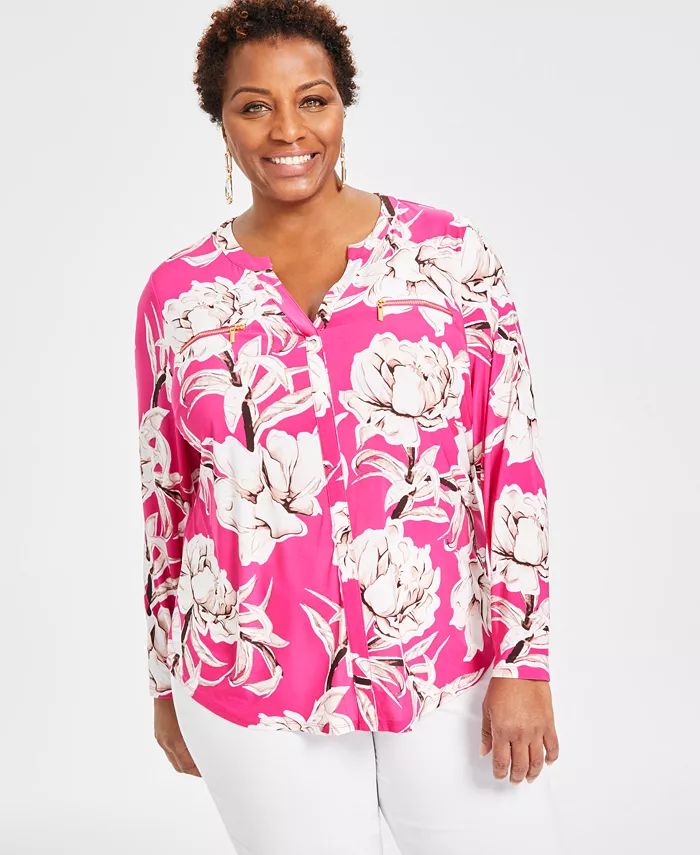 I.N.C. International Concepts Plus Size Printed Zip-Detail Top, Created for Macy's - Macy's | Macy's