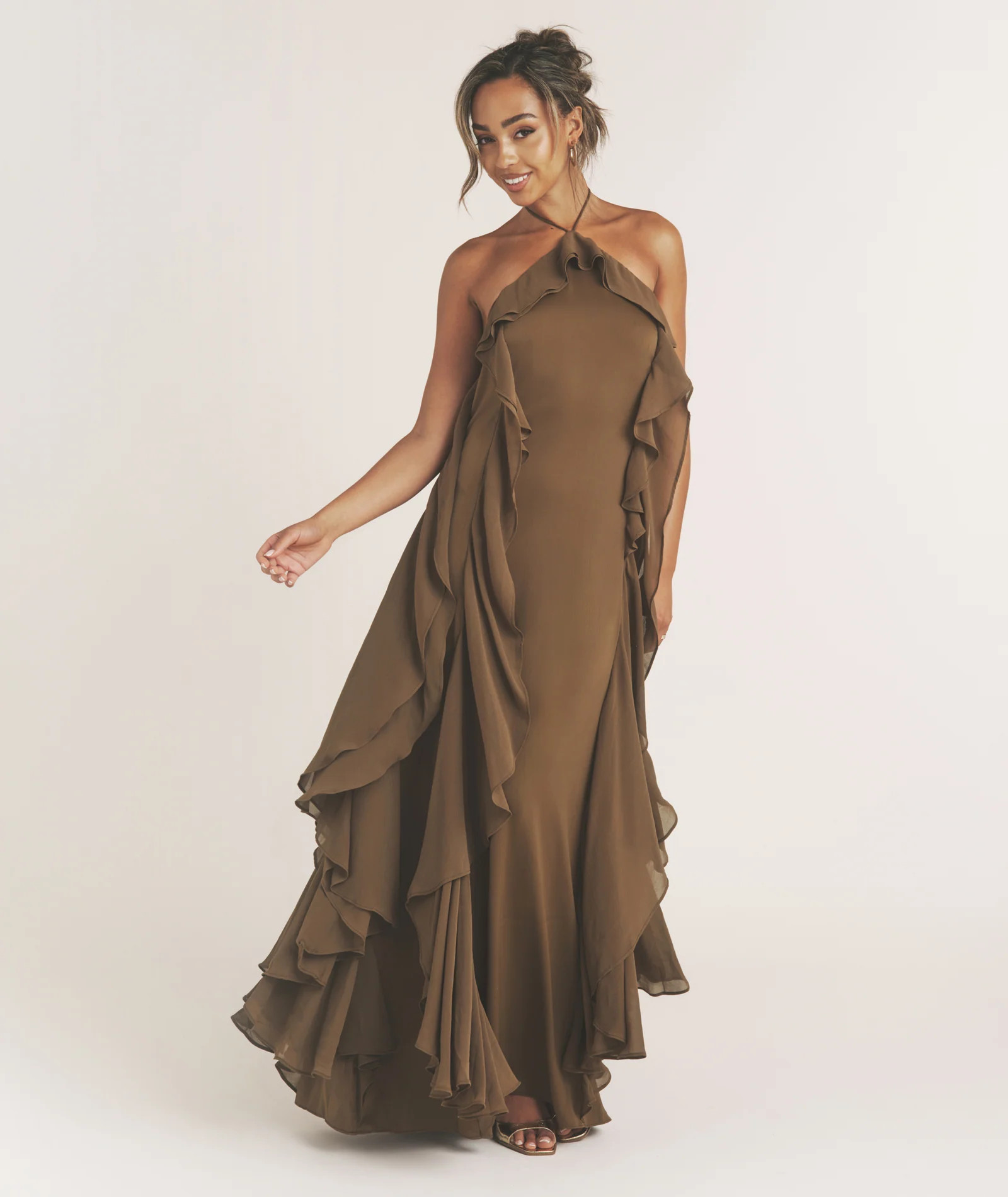 Ruffle Halter Neck Maxi Dress - Olive | Six Stories