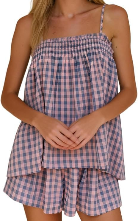 2 Piece Gingham Outfit Women Y2k Spaghetti Strap Cami Top Shorts Pajama Set | Amazon (US)