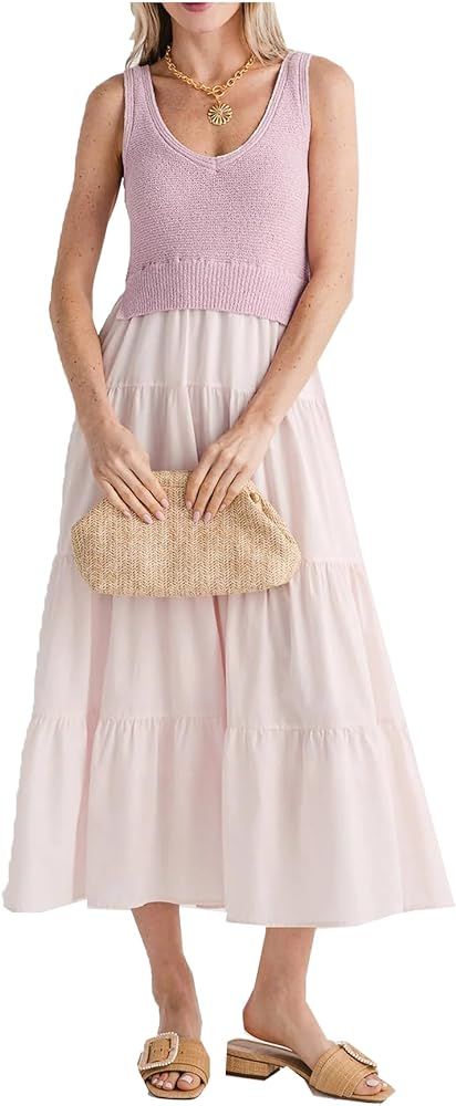 SCOFEEL Women's Cotton V Neck Sleeveless Dress Patchwork Knit Midi Dress Summer Flowy Tank Long D... | Amazon (US)