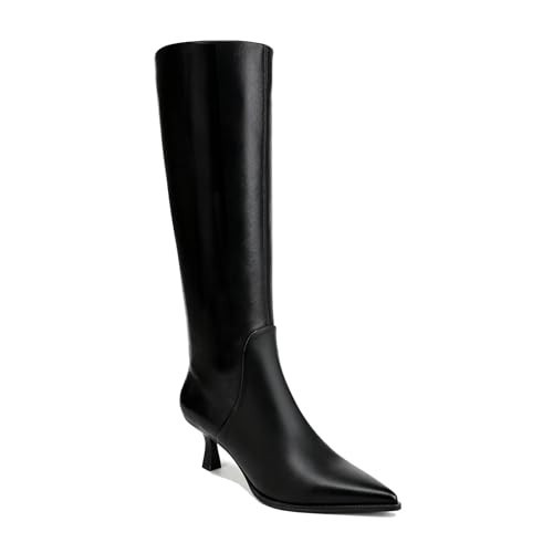 ZJGZF Black Knee High Boots for Women Kitten Heel Pointed Toe Leather Tall Boots Low Heeled Side Zipper Long Shoes Fashion Dessy | Amazon (US)
