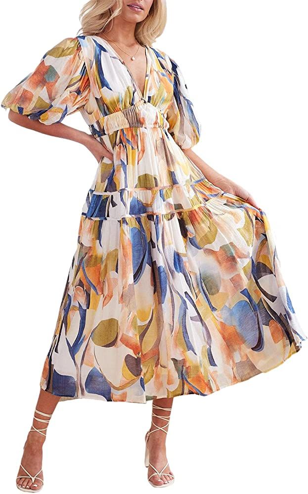 Sissyaki Women's Boho V Neck Maxi Dress High Waist Fall Winter Long Dress | Amazon (US)