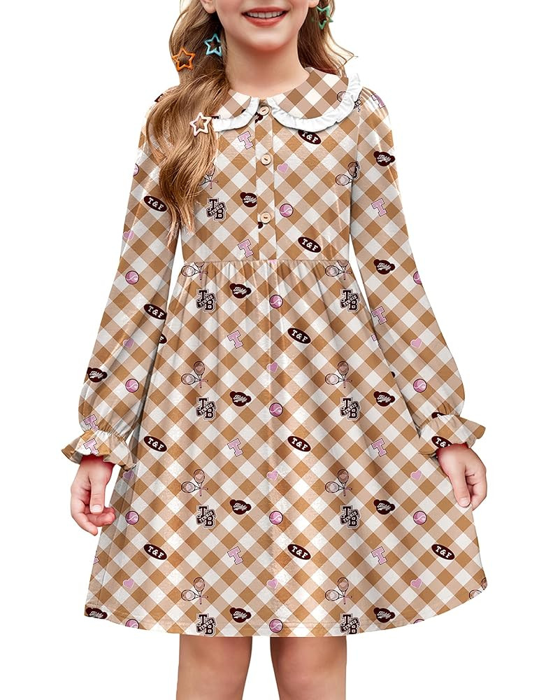Arshiner Girls Long Sleeve Dress Fall Winter Ruffle Peter Pan Collar Front Button Casual Cotton D... | Amazon (US)