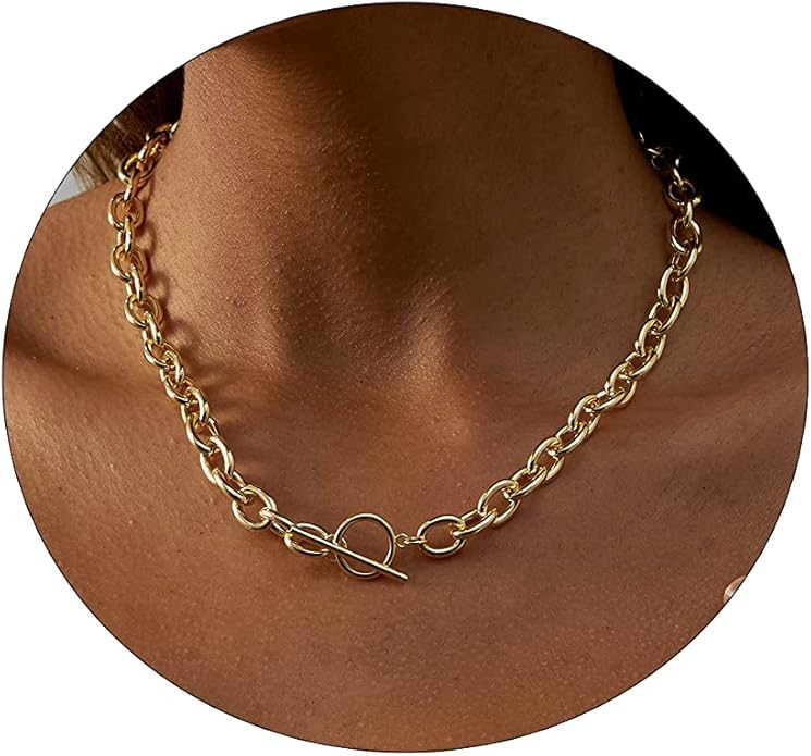 CAROVO Dainty Gold Chain Toggle Clasp Necklace for Women 18K Gold Filled Handmade Pearl Cuban Cur... | Amazon (US)